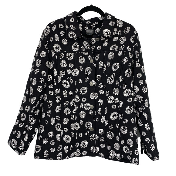 Chicos 3 Whimsical Circles Jacket Size XL Black White Silver Buttons Artsy Boxy - Picture 1 of 14